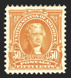 310, 50c Orange, gorgeous mint single, with dazzling bright color on fresh white paper, plus it is extraordinarily well centered within very large margins, o.g., lightly
hinged, extremely fine 1979 PF certificate.