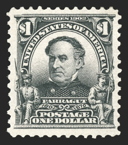 311, $1.00 Black, excellent centering within large margins, strong color and impression, o.g., lightly hinged, extremely fine 1987 PF certificate.