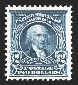 312, $2.00 Dark blue, deep prooflike color and impression, very well centered amid unusually large margins, o.g., relatively lightly hinged, extremely fine a handsome example
of this scarce value 1990 PF certificate.