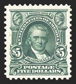 313, $5.00 Dark green, exceptionally well centered within very large margins, strong rich color and an excellent clarity of impression on fresh paper, o.g., lightly hinged, an
extremely fine and choice example of this very scarce high value 198