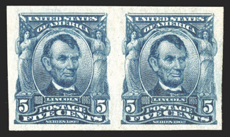 315, 5c Blue imperforate, horizontal pair, large margins all around, brilliantly rich color, pristine o.g., n.h., extremely fine 1988 PF certificate.