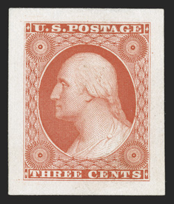41P2a, 3c Scarlet, Panama Pacific small die proof on wove, brilliant color on unusually fresh untoned paper, large even margins, a couple barely perceptible thin spots,
otherwise extremely fine only five examples are believed to have been p