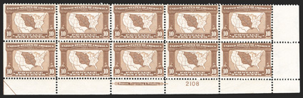 323-327, 1c-10c Louisiana Purchase cplt., a handsome and wonderfully well matched set of bottom margin (2c is a top) imprint and plate number blocks of ten, with full side
selvages, beautiful rich colors throughout, o.g., n.h., fine-very fine a