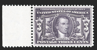 325, 3c Louisiana Purchase, left sheet-margin single, exceptionally well centered, deep color and a razor-sharp impression on fresh white paper, o.g., n.h., extremely fine 1989
PF certificate.