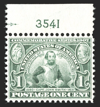 328, 1c Jamestown, a marvelously choice top margin plate no. 3541 single, extraordinarily well centered, strong rich color on bright fresh paper, o.g., n.h., extremely fine a
stamp that is rarely found in this gem quality 2009 PSE certificate