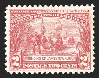 329, 2c Jamestown, marvelously well centered within much larger margins than typically found on this issue, bright fresh color, o.g., n.h., an extremely fine gem and quite
scarce thus 2009 PSE certificate (XF-Superb 95 SMQ $720.00).
