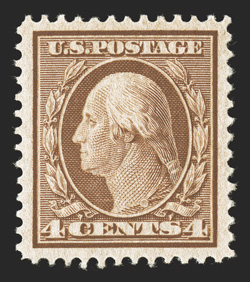 334, 4c Orange brown, marvelously well centered within exceedingly large margins, lovely rich color, o.g., n.h. (a couple tiny natural gum skips), extremely fine clear 1989 PF
certificate.