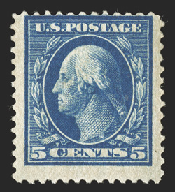 335 var., 5c Blue on experimental brown paper, a very scarce mint example of this experimental paper which is of extremely poor quality, deep luxuriant color, centered to the
top as are all of the scant few we have seen of this, o.g., fine 1988