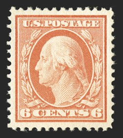336, 6c Red orange, outstanding centering amid large balanced margins, bright color, o.g., n.h. (tiny gum skip), extremely fine and choice clear 1990 PF
certificate.