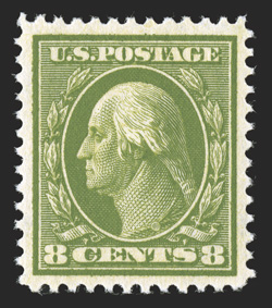 337, 8c Olive green, exceedingly well centered and margined, sumptuously rich color and a strong impression, flawless o.g., n.h., extremely fine 1989 PF
certificate.