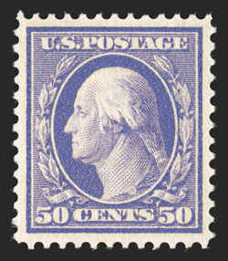341, 50c Violet, a fabulous quality mint single, featuring flawless centering amid exceptionally large margins, bright rich color and a clean impression on fresh white paper,
immaculate o.g., n.h., extremely fine gem an extraordinarily difficul