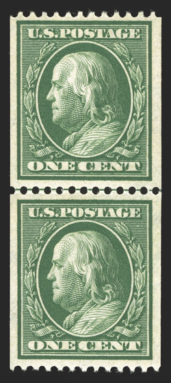 348, 1c Green coil, perf. 12 horiz., guide line pair, exceptionally well centered and margined, strong color, o.g., barest trace of hinging on the top stamp, choice very fine
1988 PF certificate (never hinged by omission).