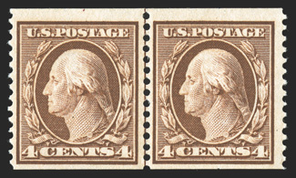 354, 4c Orange brown coil, perf. 12 vert., guide line pair, nicely centered and margined, strong rich color, o.g., lightly hinged, very fine 1983 PF
certificate.