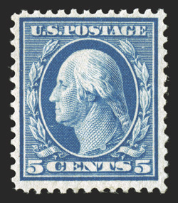 361, 5c Blue on bluish paper, impressively rich color and a crisp impression, quite well centered, o.g., lightly hinged, a very fine example of this scarce Bluish Paper 1990 PF
certificate.