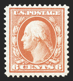 362, 6c Red orange on bluish paper, well centered within large margins, strong color, o.g., barest trace of hinging, very fine 1967 and 1984 PF certificates.