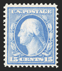 366, 15c Pale ultramarine on bluish paper, pristine mint single that has brilliantly rich color on especially fresh paper, attractively centered, unblemished o.g., never hinged
(scarce thus), very fine 1988 PF certificate.