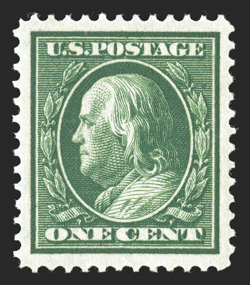 374, 1c Green, striking mint single, possessing extravagantly large and wonderfully well balanced margins all around, deeply rich color, o.g., n.h., an extremely fine
large-margined gem 2007 PSE certificate (XF-Superb 95 Jumbo SMQ $135.00 for