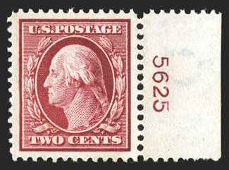 375, 2c Carmine, gem right margin plate no. 5625 single, perfectly centered within large margins, radiant color on pristine paper, o.g., n.h., extremely fine 1991 PF
certificate for a pair, this being the bottom stamp.