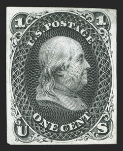 55TC1, 1c Black large die trial color proof on India, stamp size as always, full margins, sharp impression on fresh paper, trivial corner crease, very fine an exceedingly rare
trial color proof 1996 PF certificate ex-Lake Shore (now lis