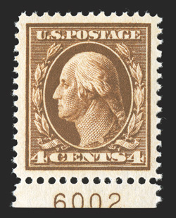 377, 4c Brown, bottom margin plate no. 6002 single, marvelously well centered within large margins, rich color on fresh paper, o.g., n.h., extremely fine gem an exceedingly
choice stamp 1990 PF certificate for the plate block of six from which