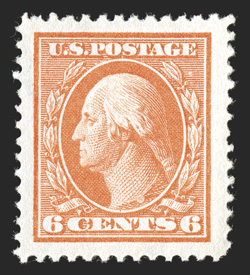 379, 6c Red orange, a striking jumbo-margined mint single, possessing truly enormous margins all around and being wonderfully well centered within these impressive borders,
bright color, o.g., n.h., extremely fine 1986 PF certificate.