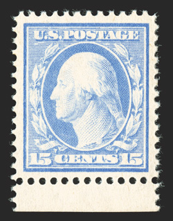 382, 15c Pale ultramarine, remarkably fresh and choice bottom sheet-margin single, with brilliant color on immaculate white paper, extraordinarily well centered and margined,
o.g., n.h., extremely fine actually a rare stamp in this outstanding