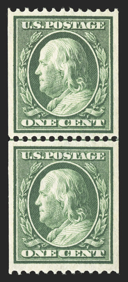 385, 1c Green coil, perf. 12 horiz., select quality guide line pair, uncommonly well centered within large margins, fresh color, o.g., n.h., extremely fine 1988 PF
certificate.
