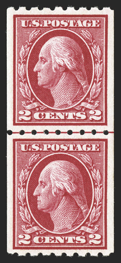 391, 2c Carmine coil, perf. 8½ horiz., guide line pair, dazzling bright color, exceptionally well centered, o.g., top stamp lightly hinged, bottom stamp never hinged, extremely
fine 1991 PF certificate.