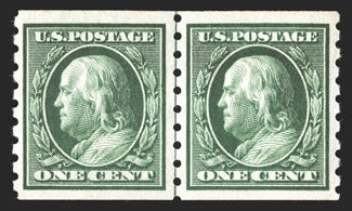 392, 1c Green coil, perf. 8½ vert., guide line pair, well centered and margined, strong color, o.g., n.h., a couple tiny gum skips, choice very fine clear 1989 PF
certificate.