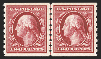 393, 2c Carmine coil, perf. 8½ vert., guide line pair, deep fiery color on fresh paper, uncharacteristically well centered, o.g., n.h., extremely fine a line pair seldom
encountered this choice 1989 PF certificate.