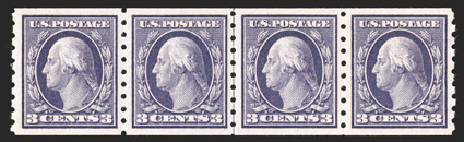 394, 3c Deep violet coil, perf. 8½ vert., an extraordinary quality guide line strip of four, in a true post office fresh state, gorgeous intense color and prooflike impression,
fabulously well centered amid extravagantly large margins, o.g., n