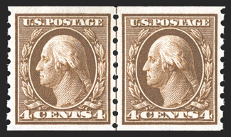 395, 4c Brown coil, perf. 8½ vert., guide line pair, excellent centering, lovely rich color, o.g., n.h. extremely fine 1991 PF certificate.