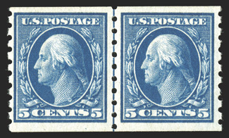 396, 5c Blue coil, perf. 8½ vert., guide line pair, bright color, o.g., n.h., very fine 1988 PF certificate.