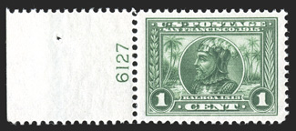 397, 1c Panama-Pacific, left sheet-margin plate no. 6127 single, remarkably well centered within extraordinarily wide margins, brilliantly rich color and a well defined
impression on fresh white paper, o.g., n.h., an extremely fine gem 1990 PF