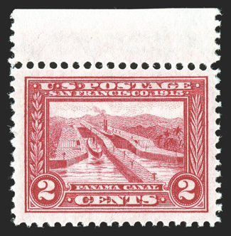 398, 2c Panama-Pacific, top sheet-margin single, beautifully centered within extravagantly large margins, bright fresh color, pristine o.g., n.h., extremely fine and especially
choice 1991 PF certificate for a block of four, this being the top