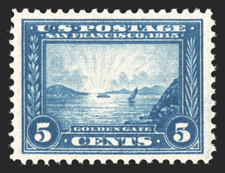 399, 5c Panama-Pacific, exceptionally well centered within large margins, deep rich color on bright fresh paper, o.g., n.h., extremely fine 1989 PF
certificate.