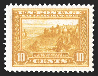 400, 10c Panama-Pacific, orange yellow, extraordinarily large margins all around and well centered within them, bright color, o.g., n.h., extremely fine 1991 PF
certificate.