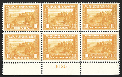 400, 10c Panama-Pacific, orange yellow, bottom margin plate no. 6135 block of six, nicely centered, particularly the bottom stamps, fresh color, o.g., lightly hinged on the top
middle stamp, other five stamp never hinged, overall a very fine exa