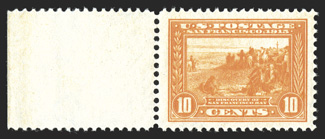 400A, 10c Panama-Pacific, orange, an eye-catching left sheet-margin mint example, exquisitely centered within lavishly large margins, gorgeous bright color and a clean
impression on fresh paper, unblemished o.g., n.h., an extremely fine gem in e