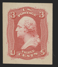 56P2a, 3c Deep red Panama Pacific small die proof on wove, a highly desirable example of this rare proof, with large even margins all around, strong color, extremely fine no
more than five were produced 1994 PF certificate (now listed as