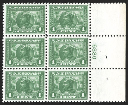 401, 1c Panama-Pacific, perf. 10, a highly desirable full right margin plate no. 6880 block of six, extraordinarily well centered throughout, intensely rich color on pristine
white paper, o.g., n.h., extremely fine.