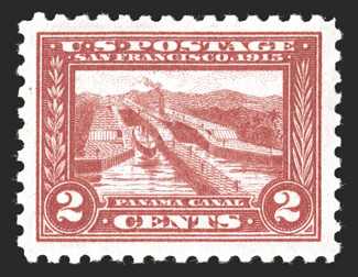 402, 2c Panama-Pacific, perf. 10, very well centered within much larger margins than typically found on this stamp, deep vibrant color, pristine o.g., n.h., extremely fine and
uncommonly choice 1986 PF certificate.