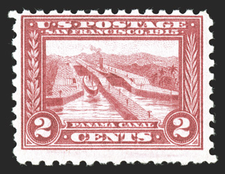 402 var., 2c Panama-Pacific, Carmine lake shade, strong color in this distinctive and rare shade, o.g., n.h., a few short perfs. at bottom, fine Scott does not list the Perf.
10 Panama-Pacific in the Lake shades, but prices the Perf. 12 stamp a