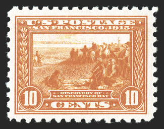 404, 10c Panama-Pacific, perf. 10, uncharacteristically well centered and margined, vibrant color on fresh paper, o.g., n.h., choice very fine 1988 PF
certificate.