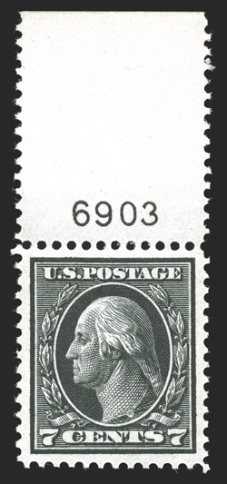 407, 7c Black, an outstanding top margin plate no. 6903 single of this surprisingly difficult stamp, being marvelously well centered amid large margins, strong color and
impression on especially bright paper, flawless o.g., n.h., an extremely fi
