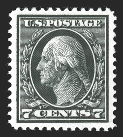 407, 7c Black, an uncommonly choice mint example of this difficult value, possessing incredible freshness, with deep rich color and a prooflike impression, virtually perfectly
centered within large margins, o.g., never hinged., extremely fine a