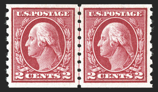 413, 2c Carmine coil, Ty. I, perf. 8½ vert., attractive guide line pair, exceedingly well centered, strong bright color, o.g., n.h., extremely fine 1989 PF
certificate.