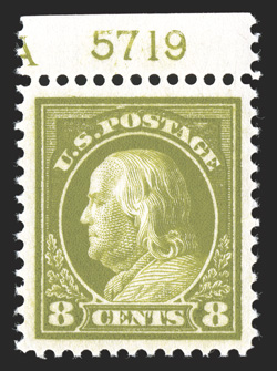 414, 8c Pale olive green, an especially handsome top margin plate no. 5719 single, being wonderfully well centered within large margins, plus its color is incredibly deep and
rich, while its impression is well incised, unblemished o.g., n.h., an