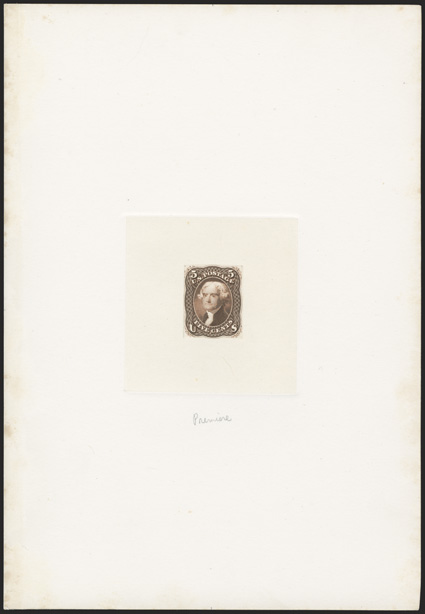 57P1, 5c Brown, hybrid large die proof, mounted on full size 145x211mm card with die sinkage, very fine a hybrid is the only way the large die proof exists on this value (now
listed as 67-E9 var).