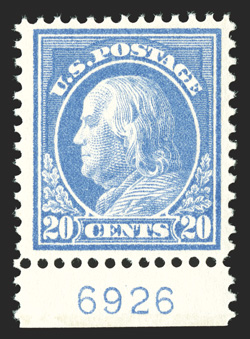 419, 20c Ultramarine, bottom margin plate no. 6926 single, bright color on immaculate paper, well centered, o.g., n.h., choice very fine 1989 PF certificate.